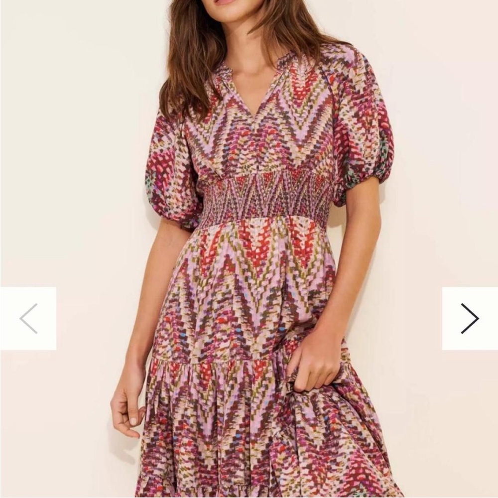 Anthropologie Chevron Smocked Midi Dress in Pink and Red Tones